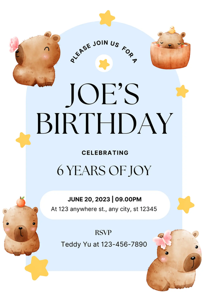 Capybara Birthday Invitation Template - CreativeRino