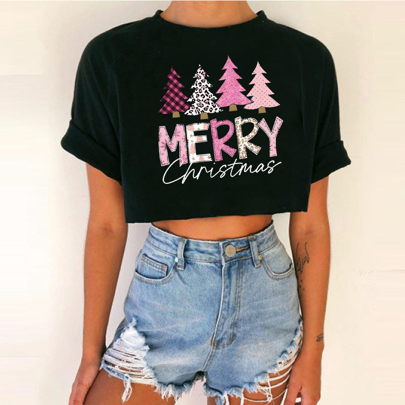 Spicy Girl Christmas Crop Top T-Shirt | INS Style Short Sleeve Round Neck | Trendy Festive Night Out Basic eprolo