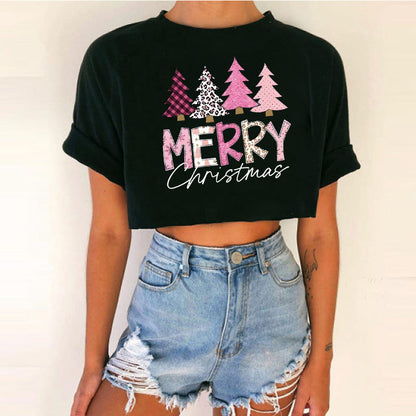Spicy Girl Christmas Crop Top T-Shirt | INS Style Short Sleeve Round Neck | Trendy Festive Night Out Basic eprolo