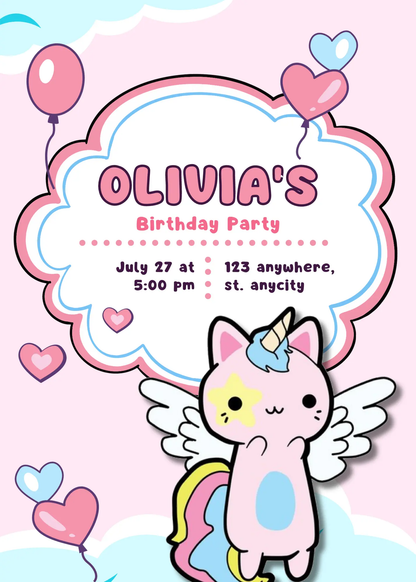 Caticorn Birthday Invitation Template - CreativeRino