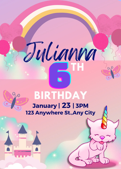 Caticorn Birthday Invitation Template - CreativeRino