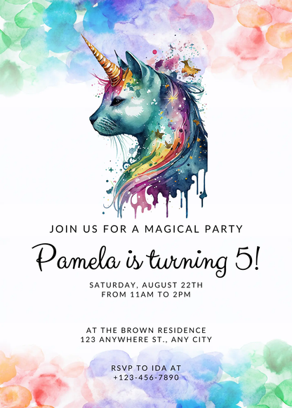 Caticorn Unicorn Birthday Invitation Template - CreativeRino