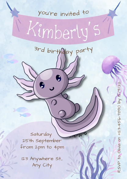 Axolotl Birthday Invitation Template - CreativeRino