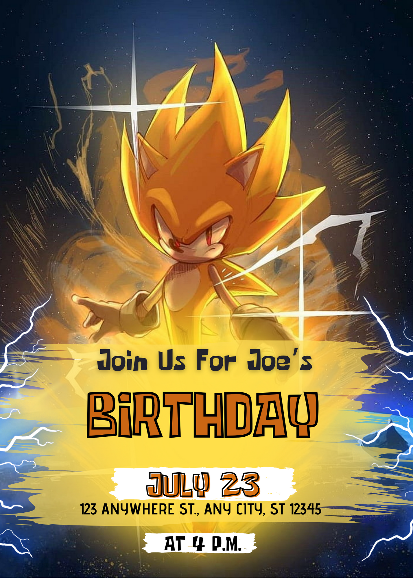 Super Sonic The Hedgehog Birthday Invitation Template