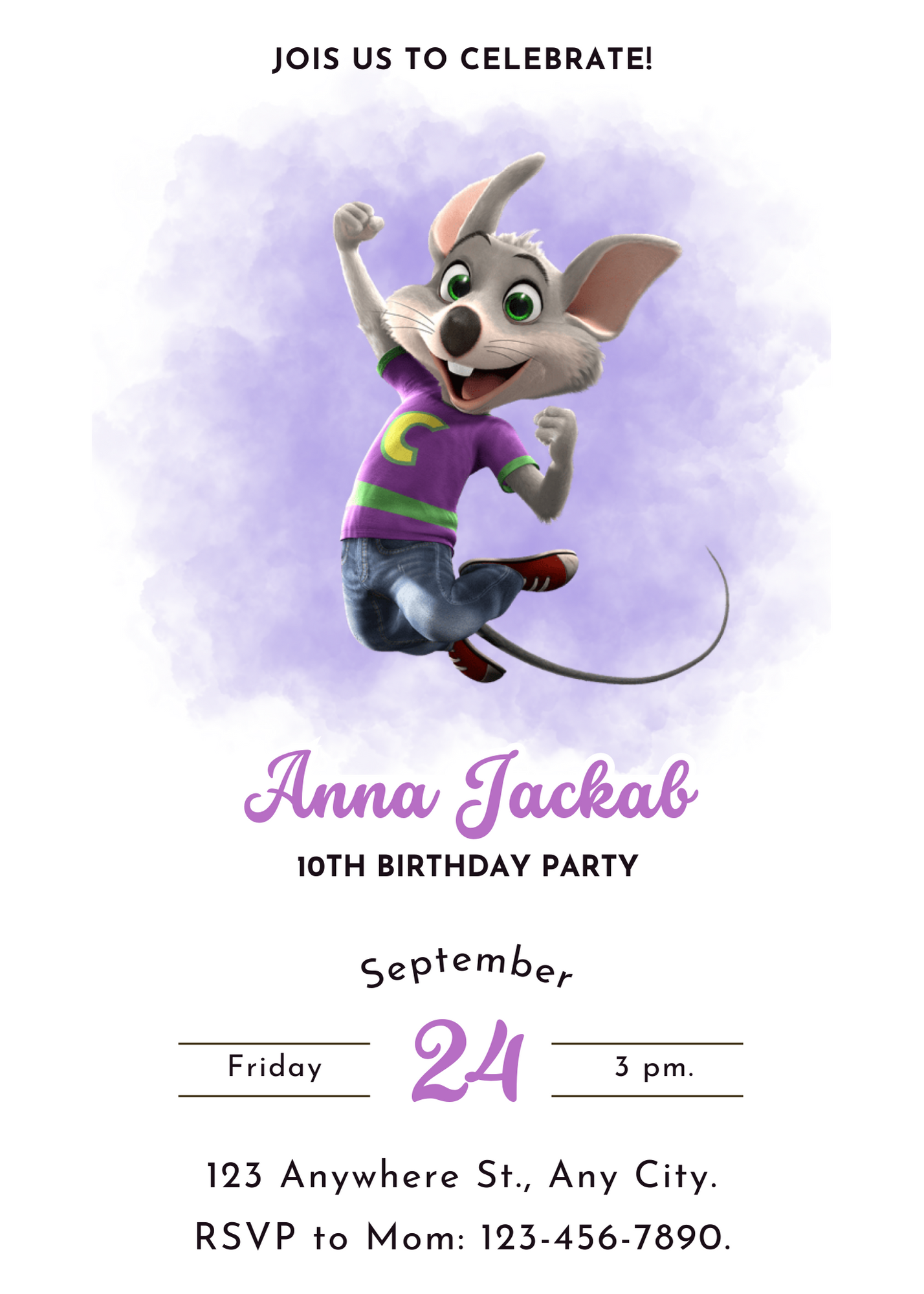 Chuck E Cheese Mouse Birthday Invitation Template