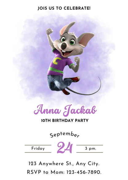 Chuck E Cheese Mouse Birthday Invitation Template - CreativeRino
