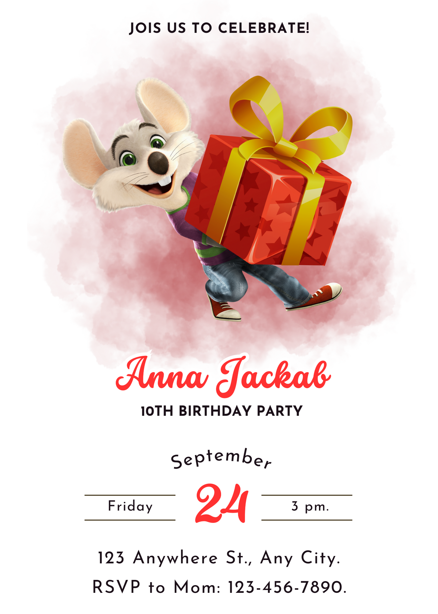 Chuck E Cheese Mouse Birthday Invitation Template