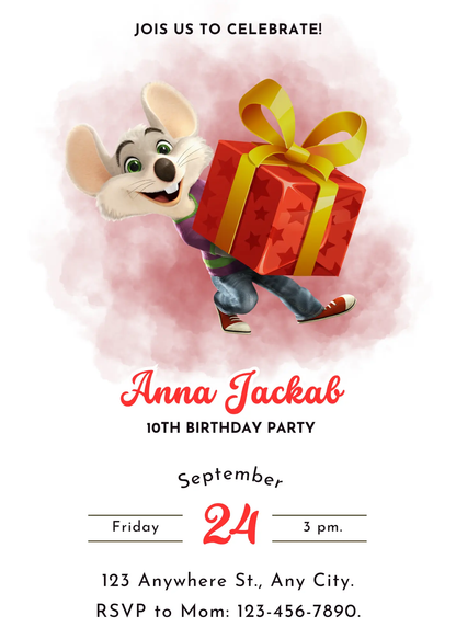 Chuck E Cheese Mouse Birthday Invitation Template - CreativeRino