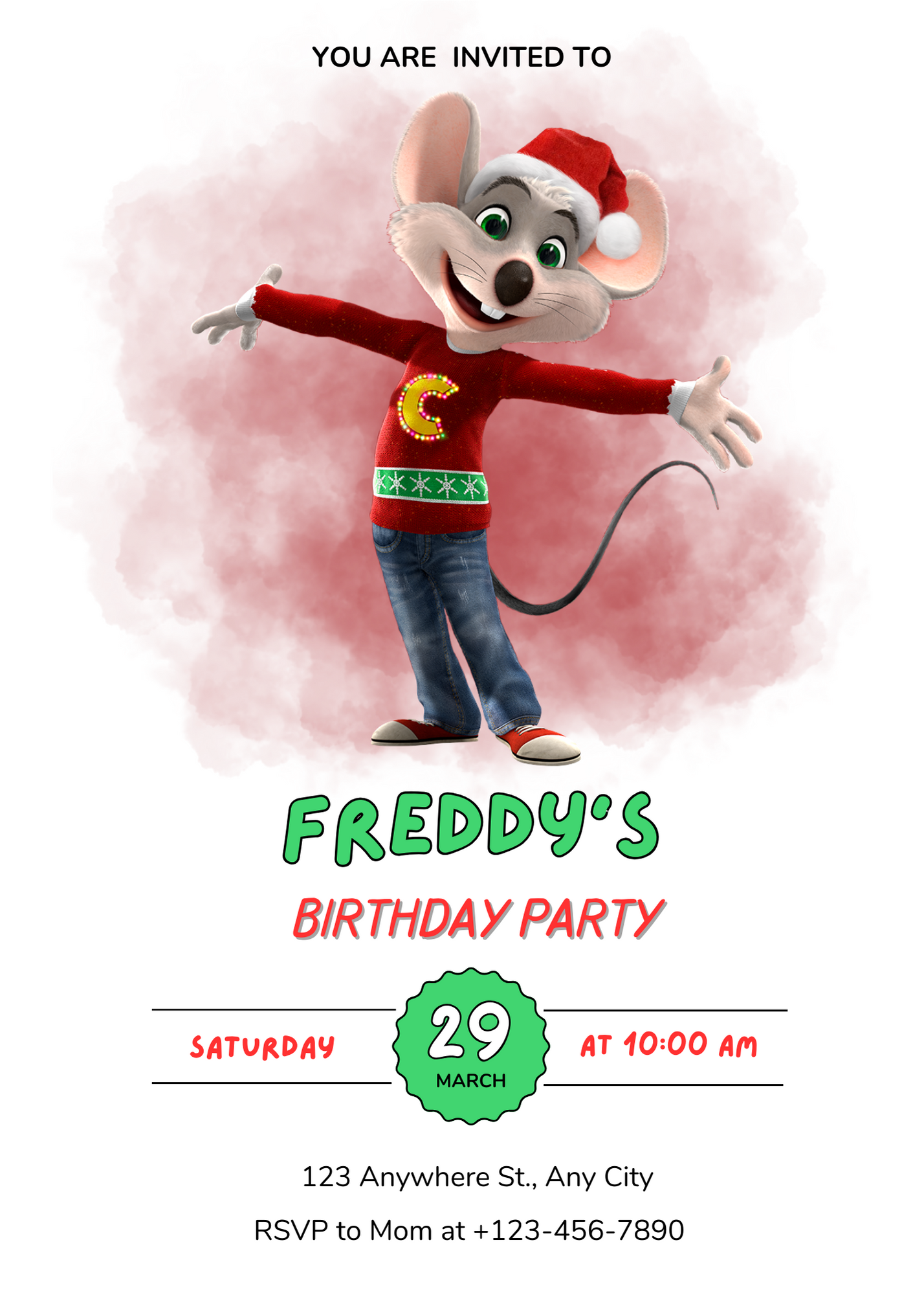 Chuck E Cheese Mouse Christmas Birthday Invitation Template