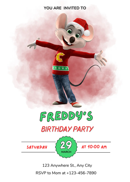 Chuck E Cheese Mouse Christmas Birthday Invitation Template - CreativeRino