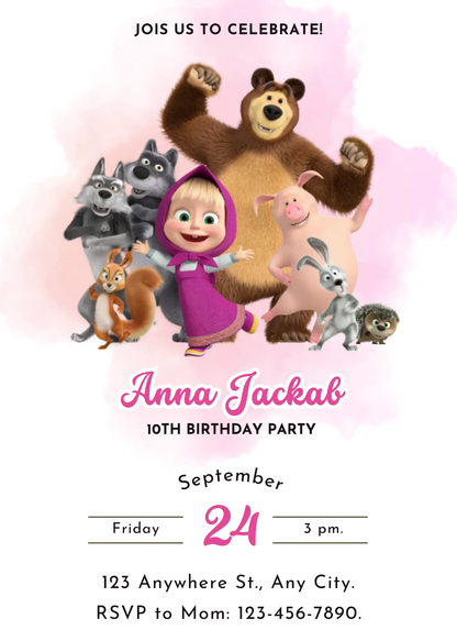 Masha And The Bear Birthday Invitation Template - CreativeRino