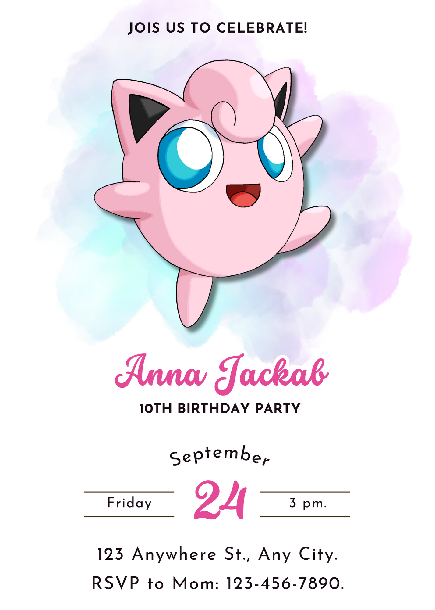 Jigglypuff Pokemon Birthday Invitation Template