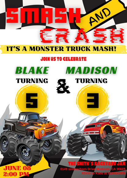 Smash and Crash Birthday Invitation Template | Monster Truck Invite - CreativeRino
