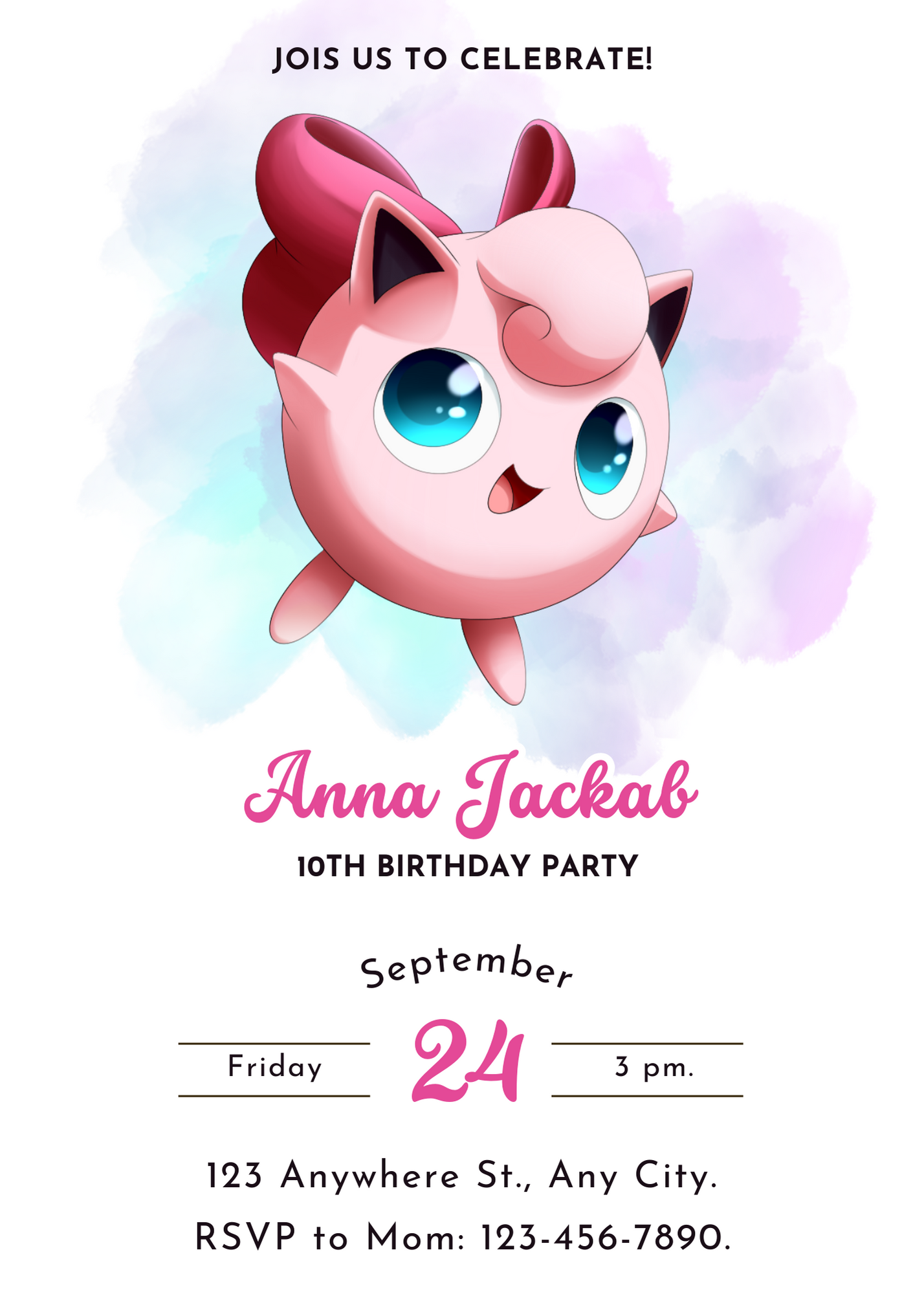 Jigglypuff Pokemon Birthday Invitation Template