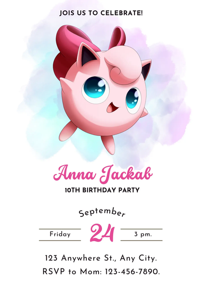 Jigglypuff Pokemon Birthday Invitation Template - CreativeRino