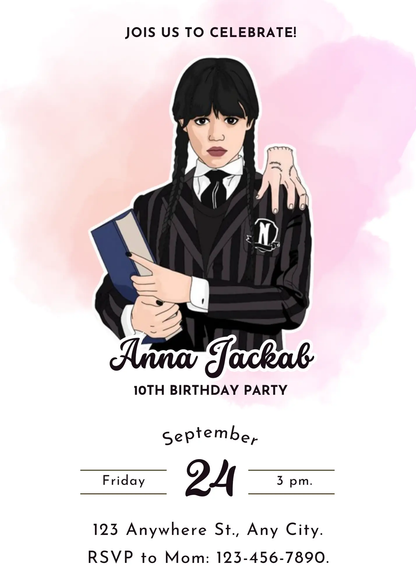 Wednesday Addams Birthday Invitation Template - CreativeRino