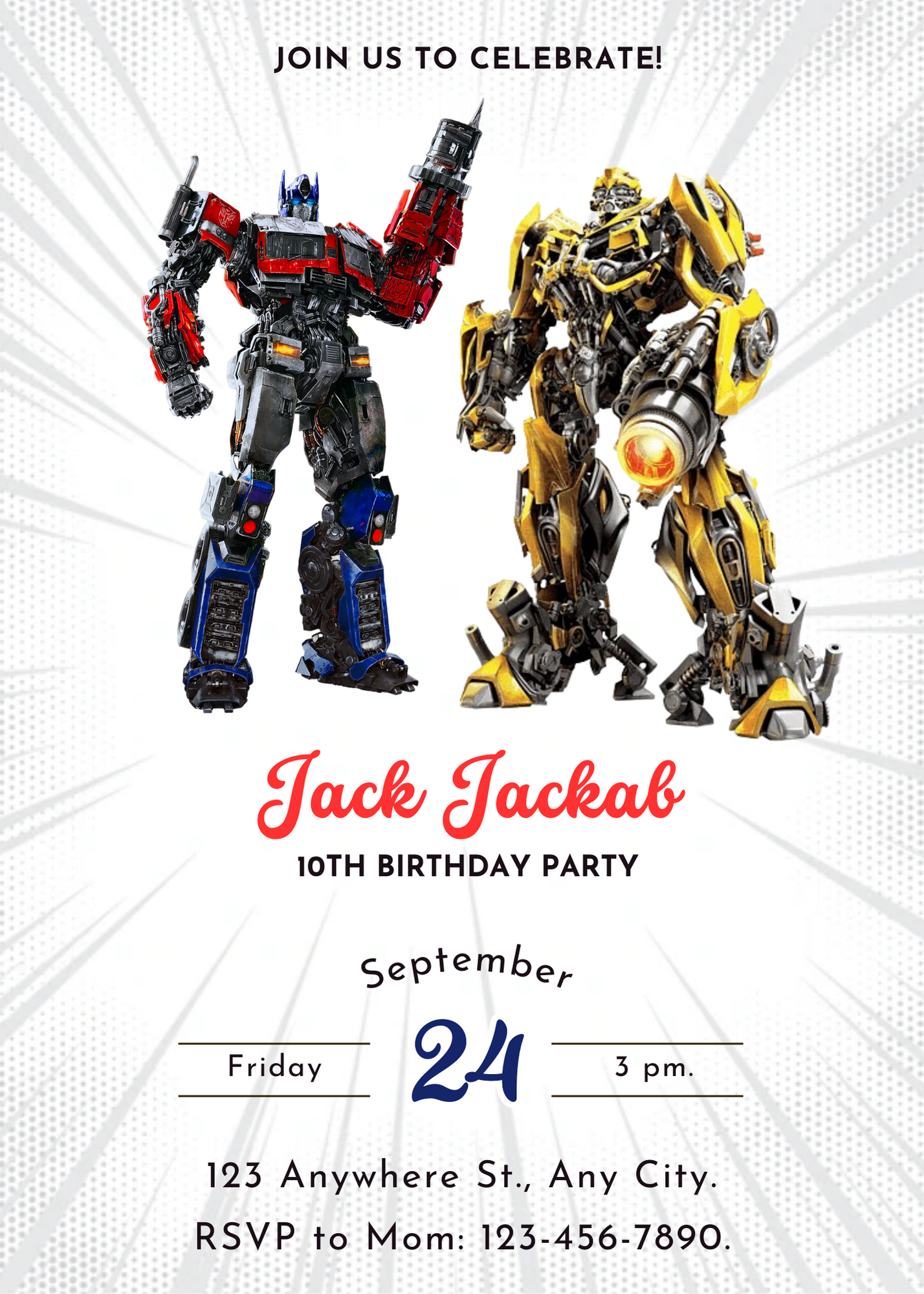 Transformers Optimus Prime Bumblebee Birthday Invitation Template