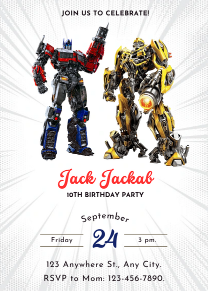 Transformers Optimus Prime Bumblebee Birthday Invitation Template - CreativeRino