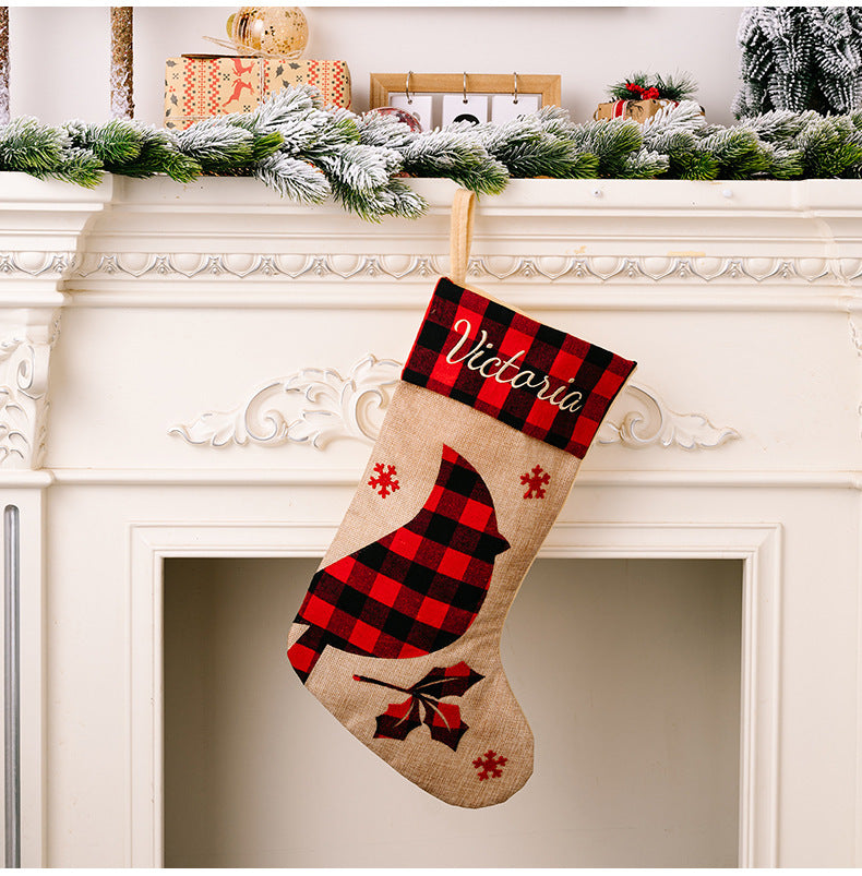 Rustic Buffalo Plaid Christmas Stocking | Red & Black Checkered Imitation Linen Embroidered Gift Bag eprolo