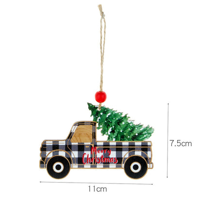 Rustic Plaid Wooden Christmas Ornaments Set | Santa, Car & Tree Hanging Pendants Decor eprolo