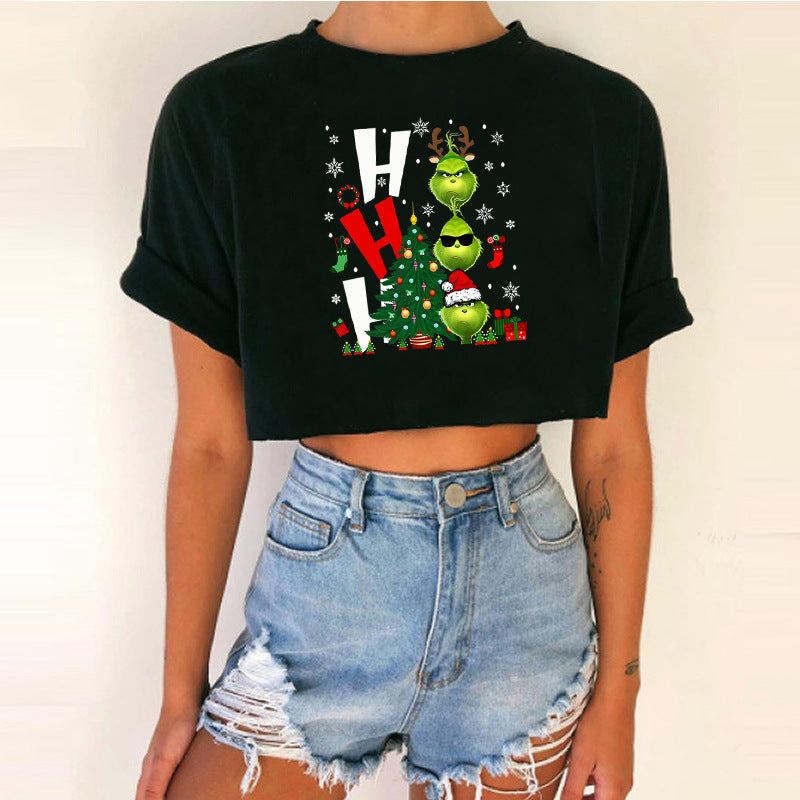 Spicy Girl Christmas Crop Top T-Shirt | INS Style Short Sleeve Round Neck | Trendy Festive Night Out Basic eprolo