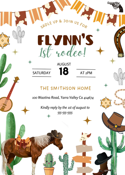 Rodeo Birthday Invitation Template | My First Rodeo Invite - CreativeRino