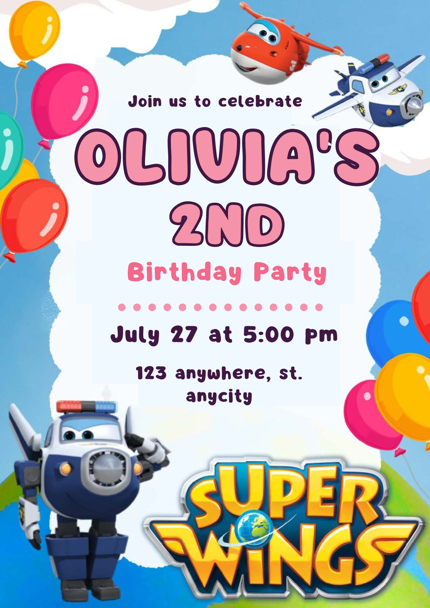 Super Wings Birthday Invitation Template