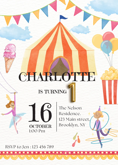 Circus Carnival Birthday Invitation Template - CreativeRino