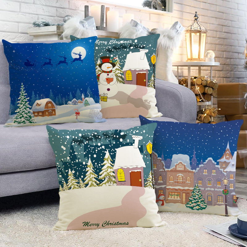 Linen Christmas Pillow Cover | Snowman & Tree Print Decorative Cushion for Sofa/Bed eprolo