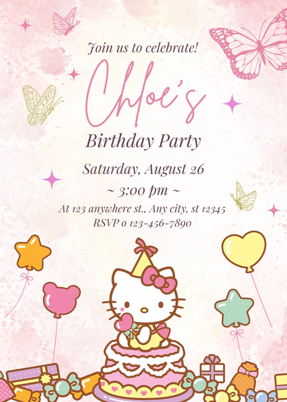 Kawaii Kitty Birthday Invitation Template - CreativeRino
