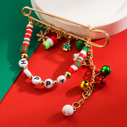 'HAPPY' Letter Christmas Fun Brooch | Alloy Bead & Jingle Bell Holiday Pin Jewelry eprolo