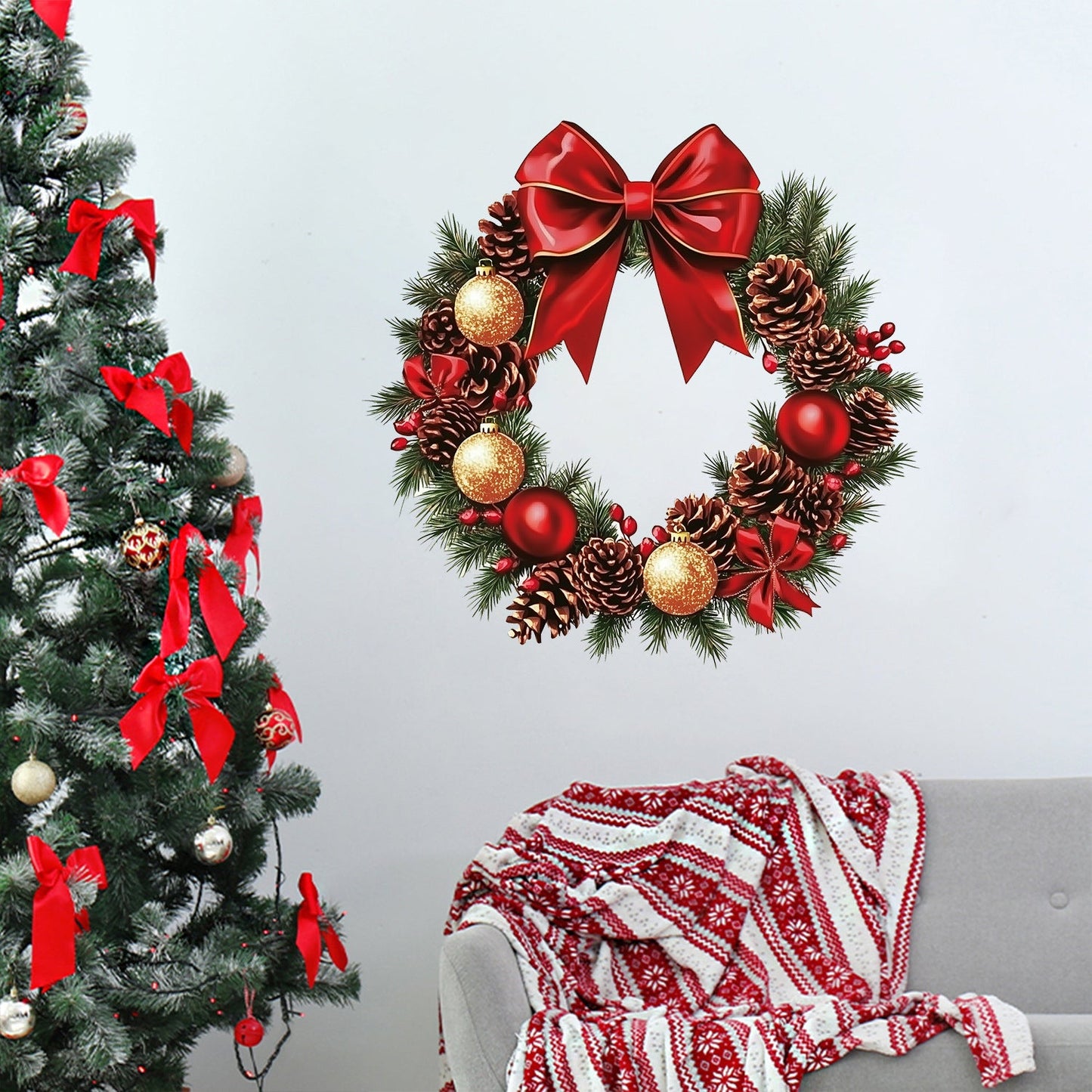 Removable Christmas Wall Stickers | Festive Red Bow, Pinecone & Bauble Decoration Decals eprolo