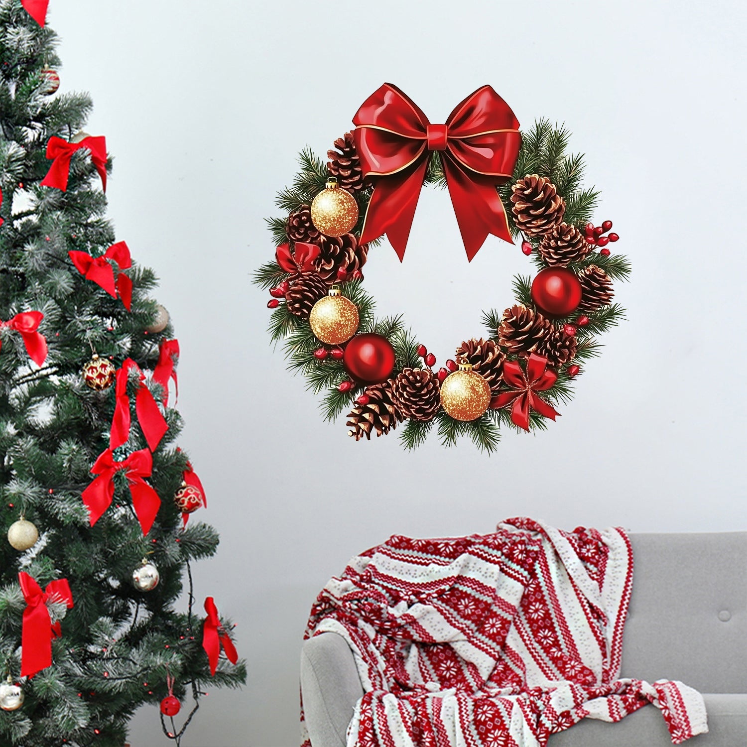 Removable Christmas Wall Stickers | Festive Red Bow, Pinecone & Bauble Decoration Decals eprolo