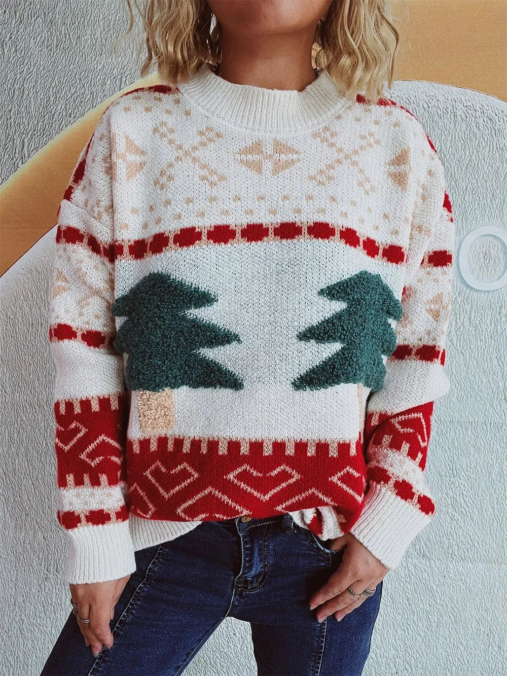 Fun Cartoon Christmas Tree Jacquard Sweater | Knitted Holiday & New Year Pullover eprolo