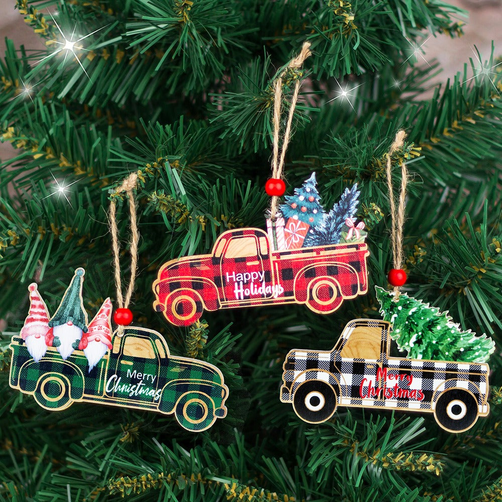 Rustic Plaid Wooden Christmas Ornaments Set | Santa, Car & Tree Hanging Pendants Decor