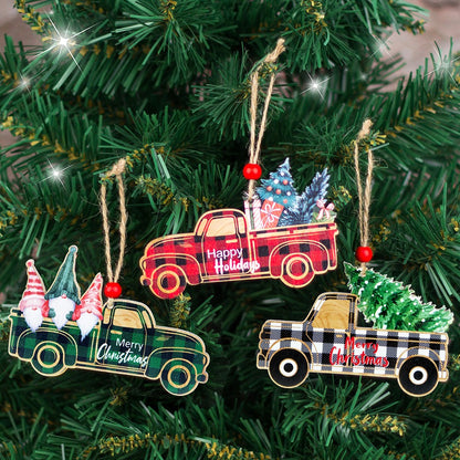 Rustic Plaid Wooden Christmas Ornaments Set | Santa, Car & Tree Hanging Pendants Decor