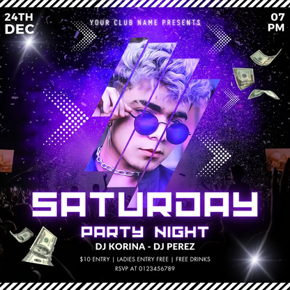 Saturday Party Night Flyer Template | DJ Party Social Media Flyer - CreativeRino