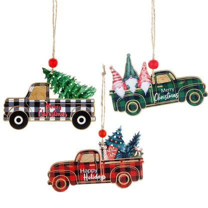 Rustic Plaid Wooden Christmas Ornaments Set | Santa, Car & Tree Hanging Pendants Decor eprolo
