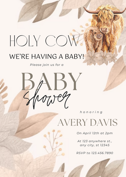 Boho Highland Cow Baby Shower Invitation Template CreativeRino