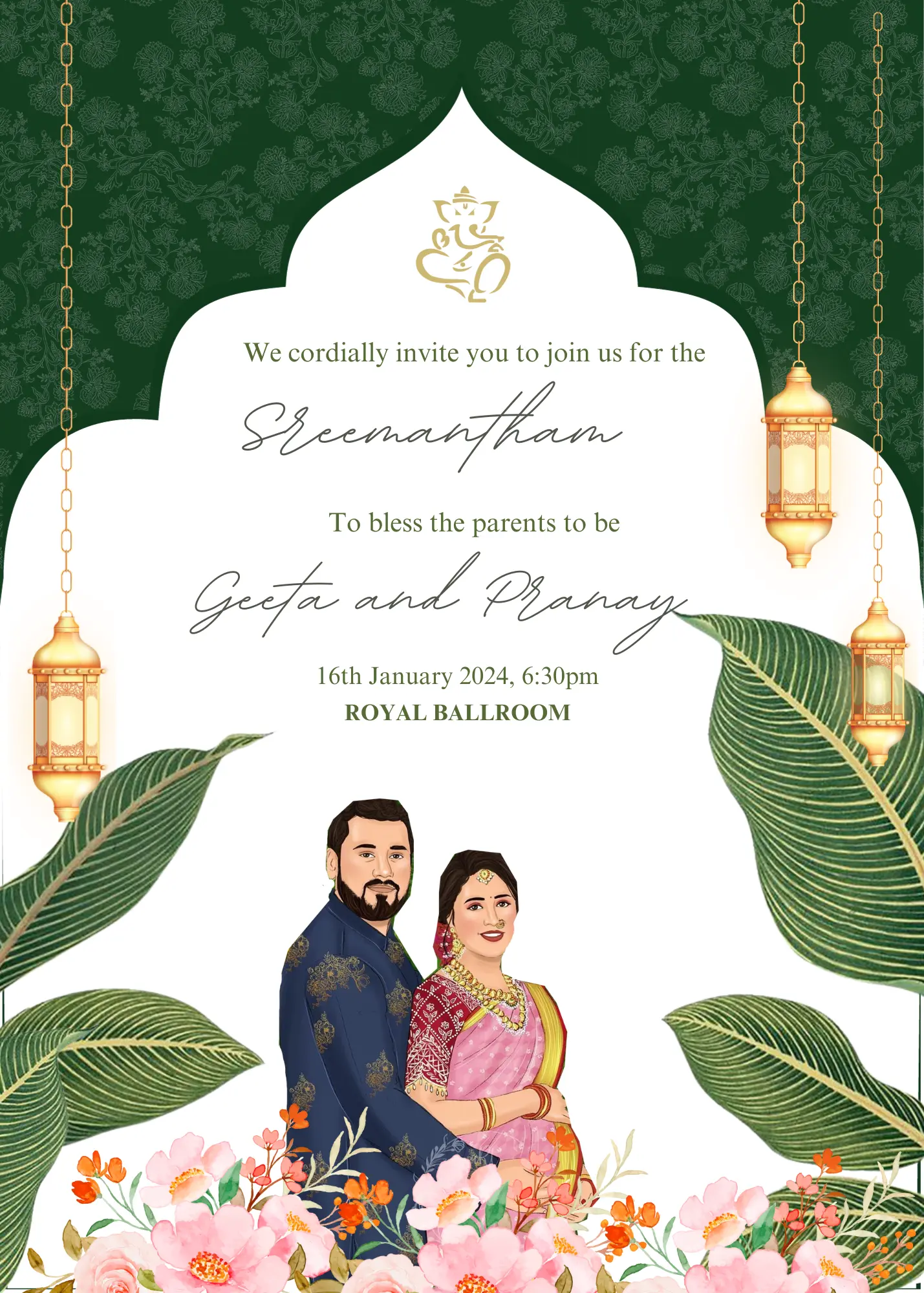 Indian Baby Shower Invitation Template | Seemantham Valaikappu Godh Bharai Ceremony Invite - CreativeRino