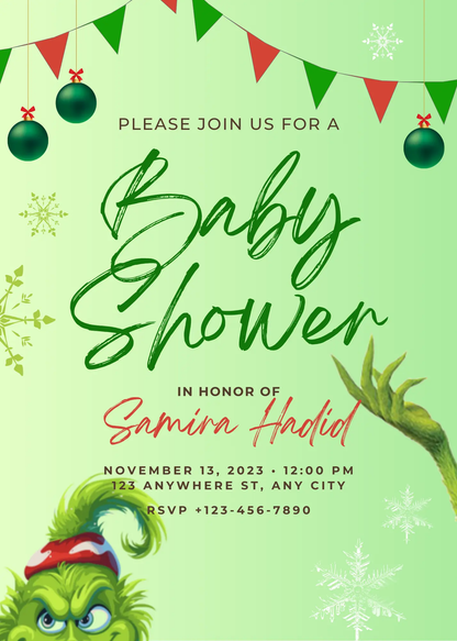 Grinch Baby Shower Invitation Template | Grinchmas Whoville Baby Shower Invite - CreativeRino