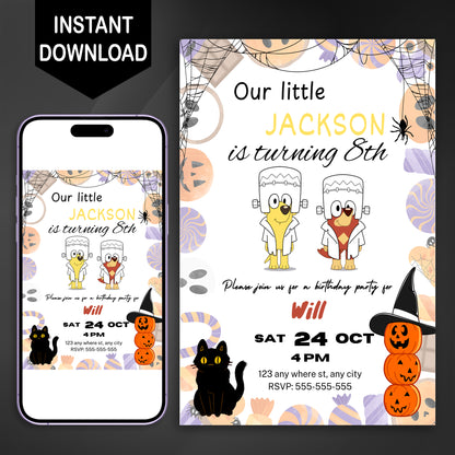 Bluey and Bingo Halloween Birthday Party Invitation Template - CreativeRino