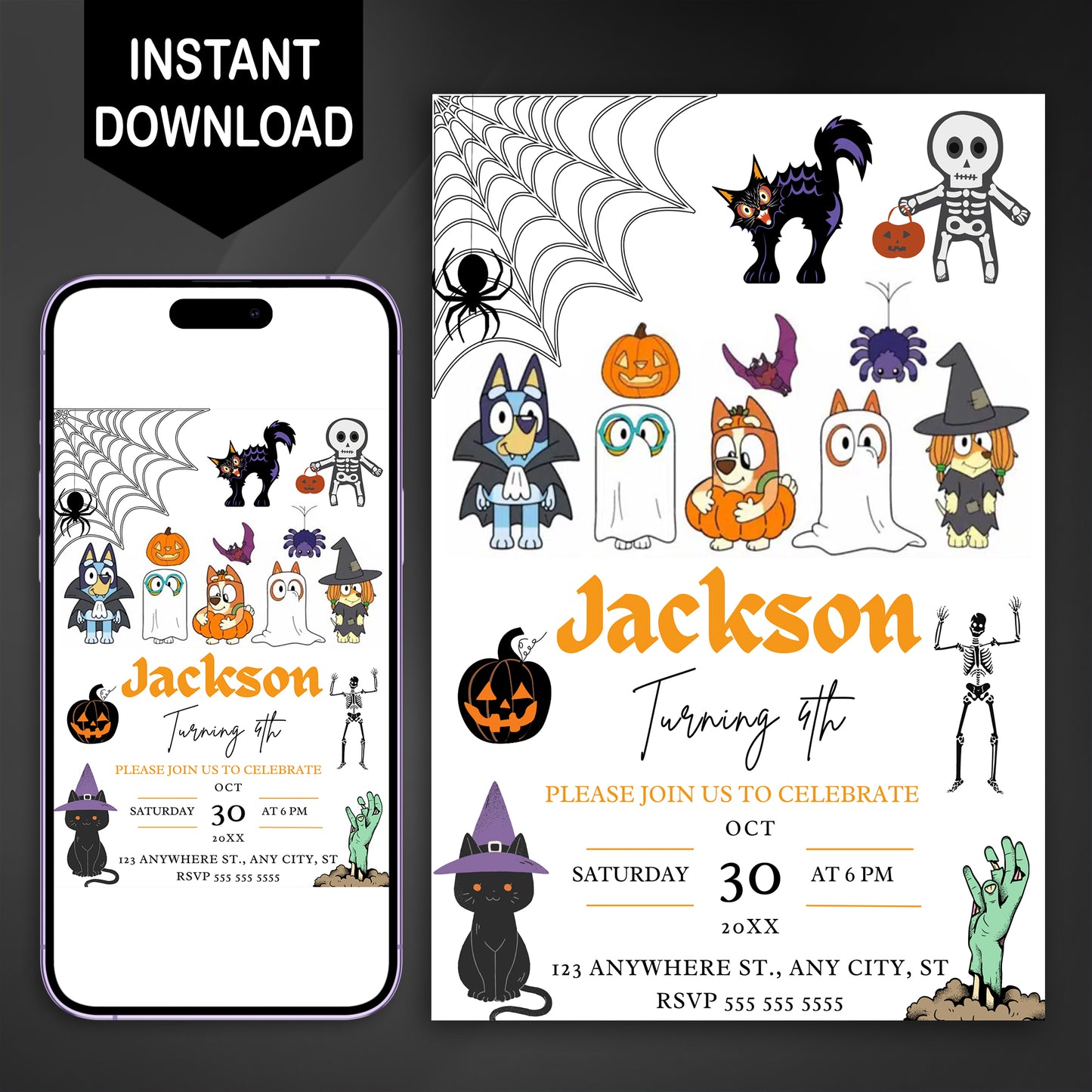 Bluey and Bingo Halloween Birthday Invitation Template