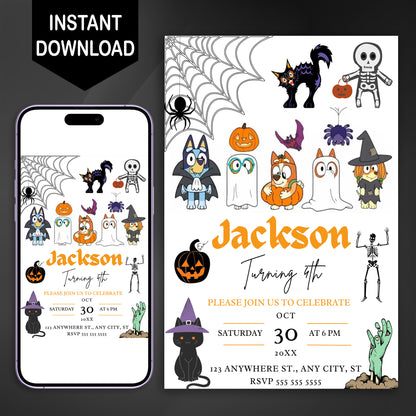 Bluey and Bingo Halloween Birthday Invitation Template - CreativeRino