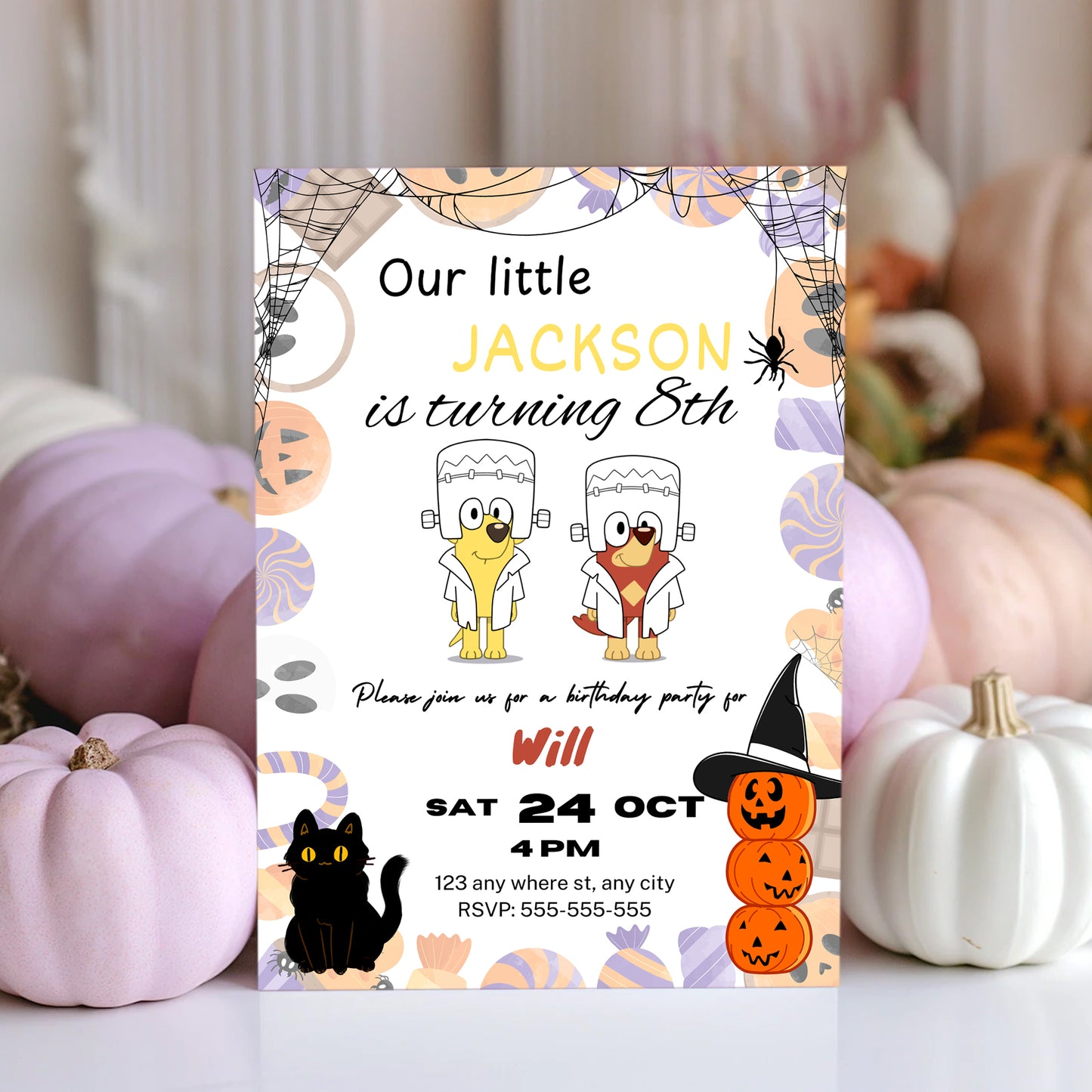 Bluey and Bingo Halloween Birthday Party Invitation Template - CreativeRino
