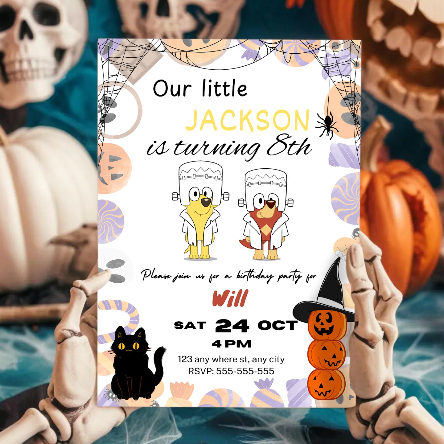 Bluey and Bingo Halloween Birthday Party Invitation Template - CreativeRino