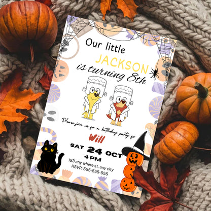 Bluey and Bingo Halloween Birthday Party Invitation Template - CreativeRino