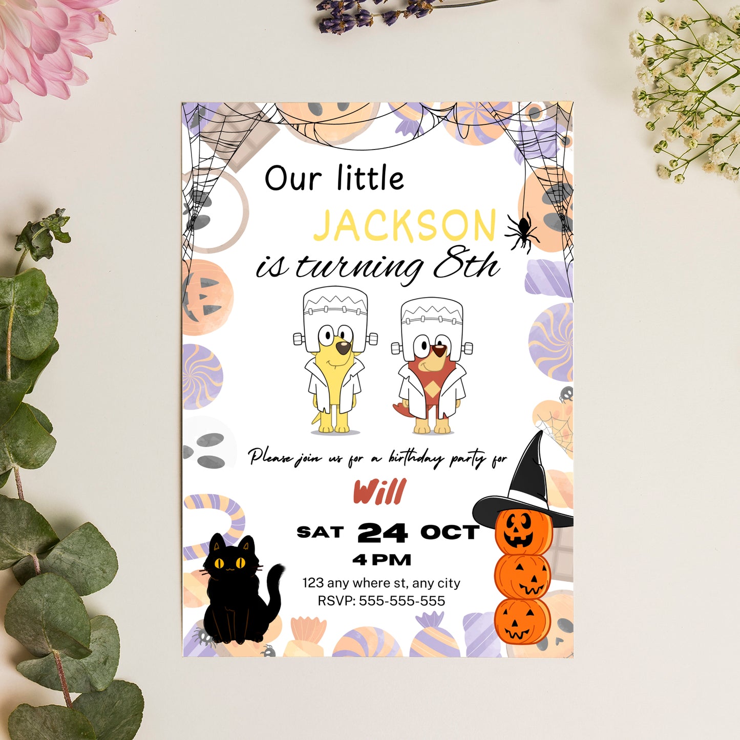 Bluey and Bingo Halloween Birthday Party Invitation Template - CreativeRino