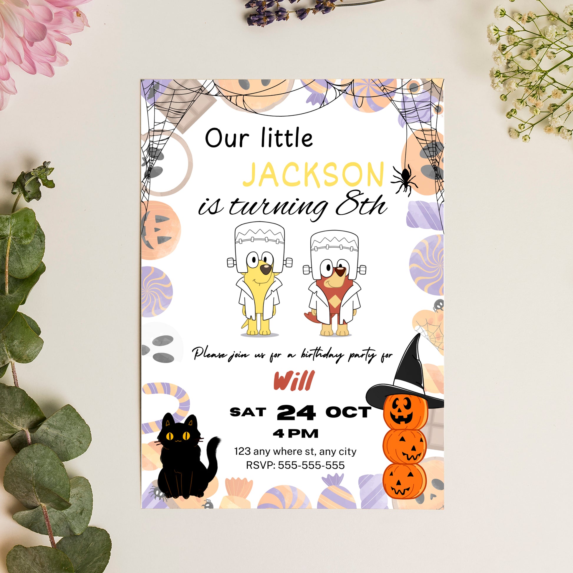 Bluey and Bingo Halloween Birthday Party Invitation Template - CreativeRino
