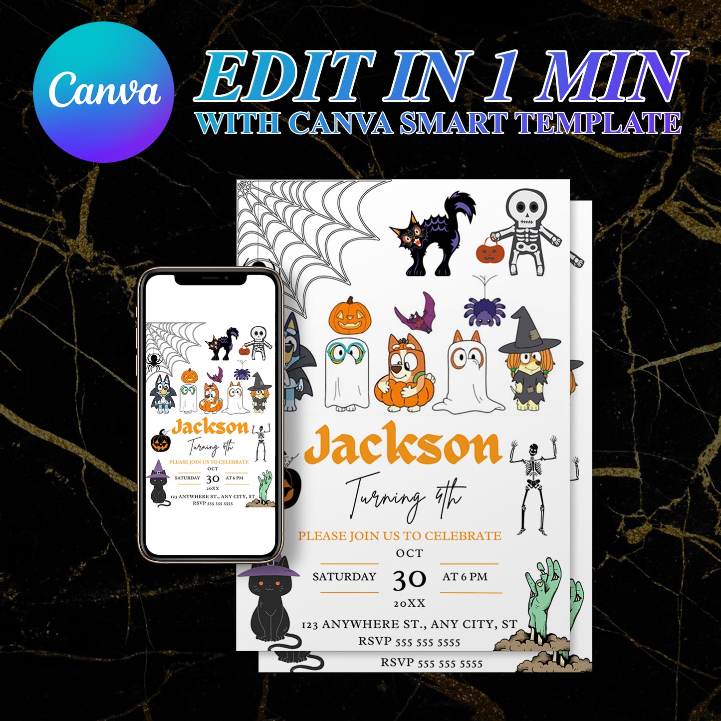 Bluey and Bingo Halloween Birthday Invitation Template - CreativeRino